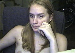 Jennifer Ringley candid webcam portrait with retro online creator aesthetic