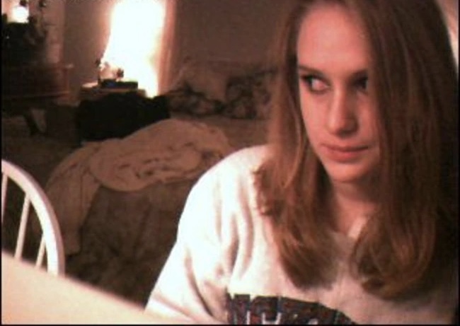 Jennifer Ringley retro bedroom webcam portrait with nostalgic internet aesthetic