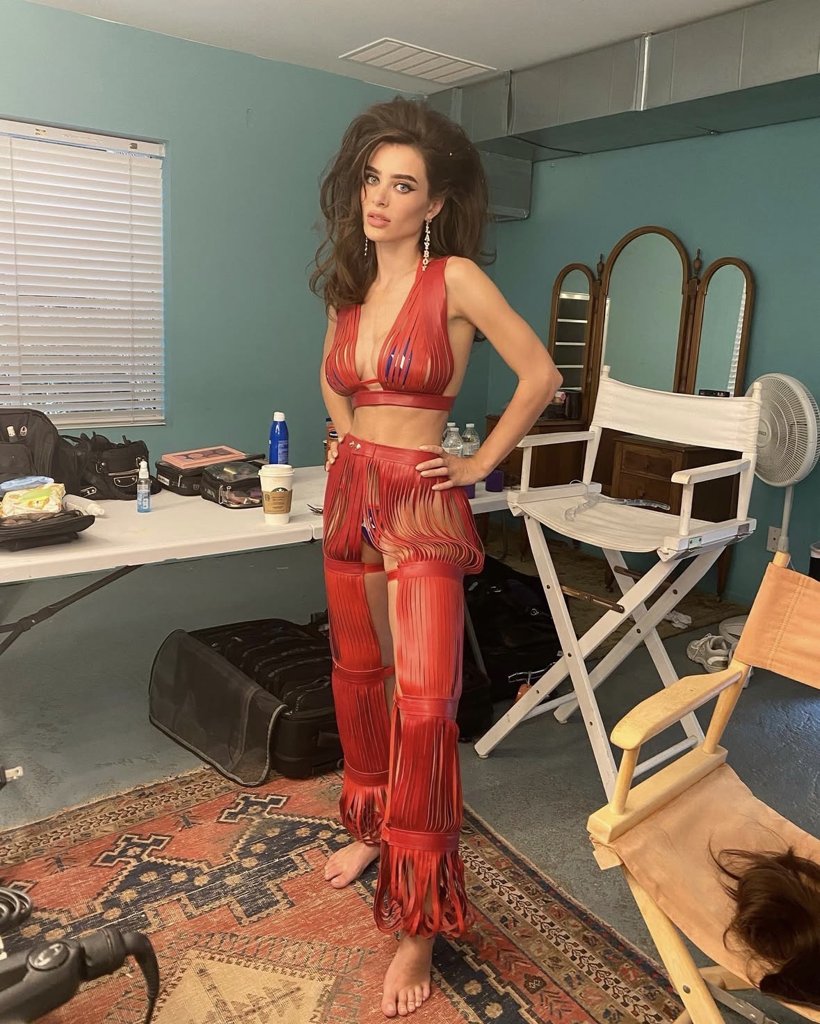 Lana Rhoades red fashion outfit portrait with glamorous influencer vibe