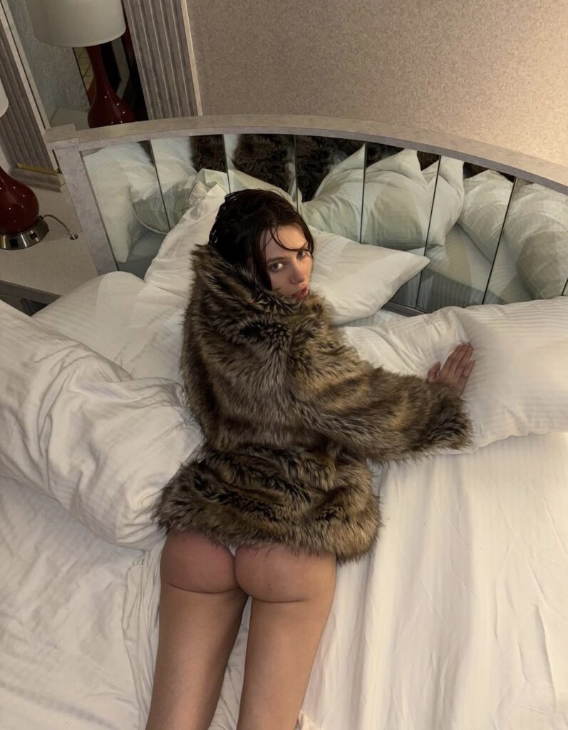 Lana Rhoades luxury bedroom glamour pose with brunette influencer style