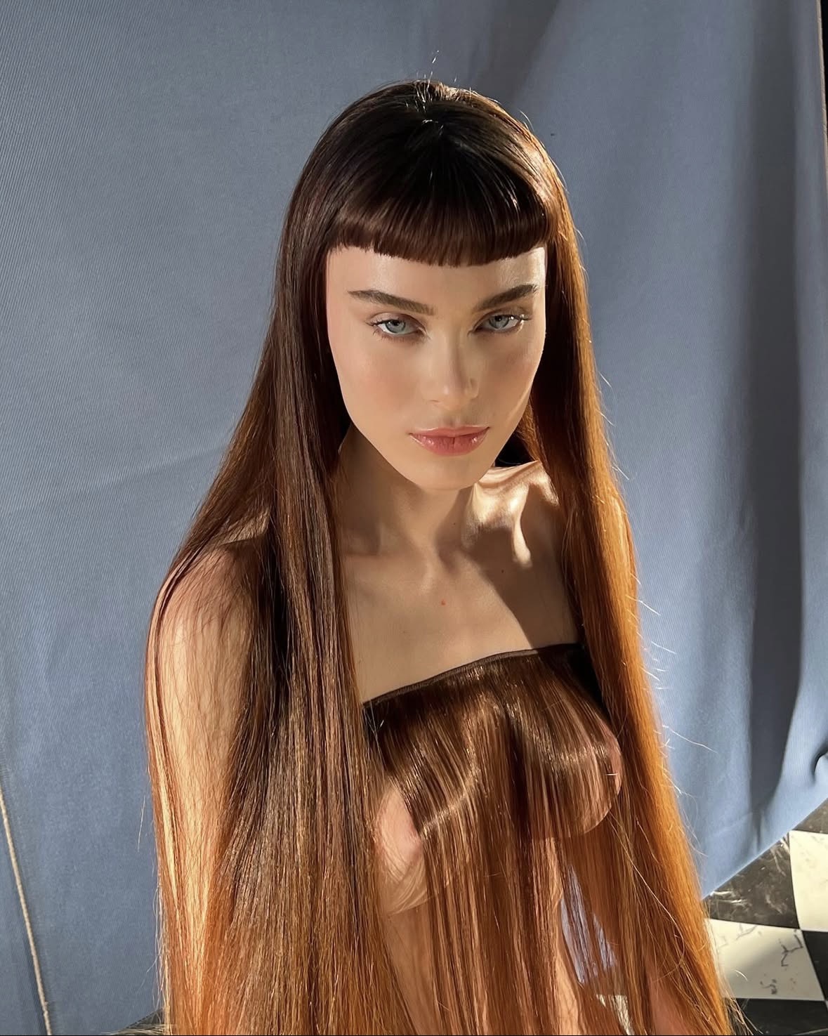 Lana Rhoades straight brunette hairstyle portrait with luxury influencer style