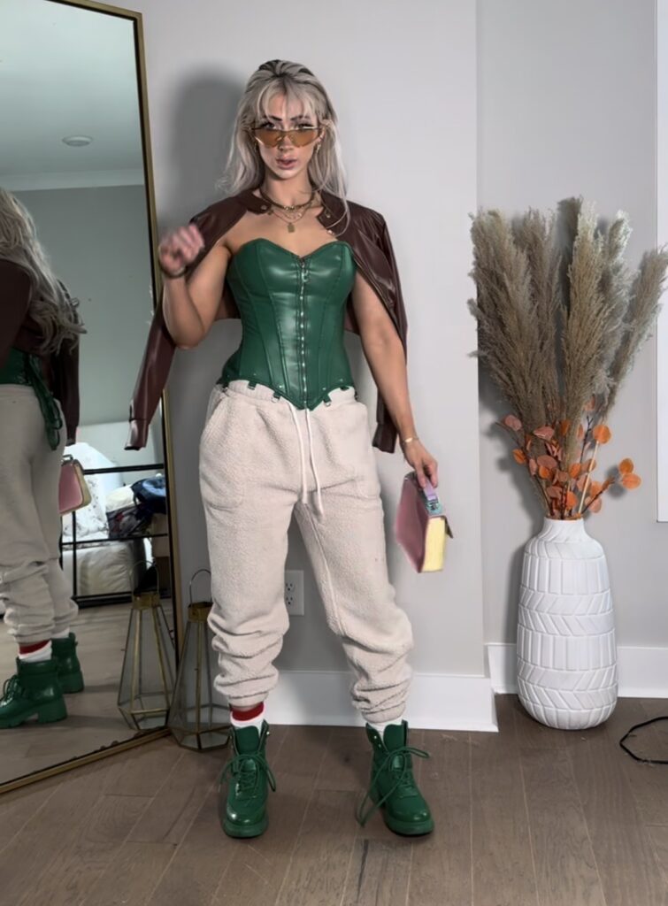 Nala Ray green corset fashion portrait with luxury influencer style