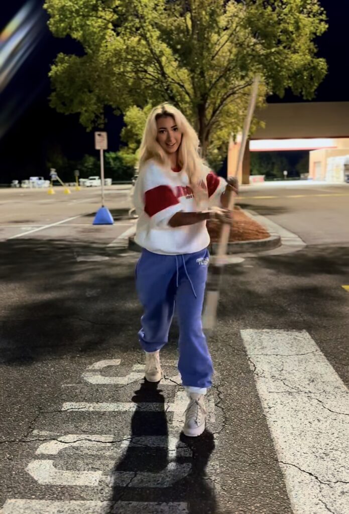 Nala Ray casual streetwear portrait with glamorous blonde influencer vibe