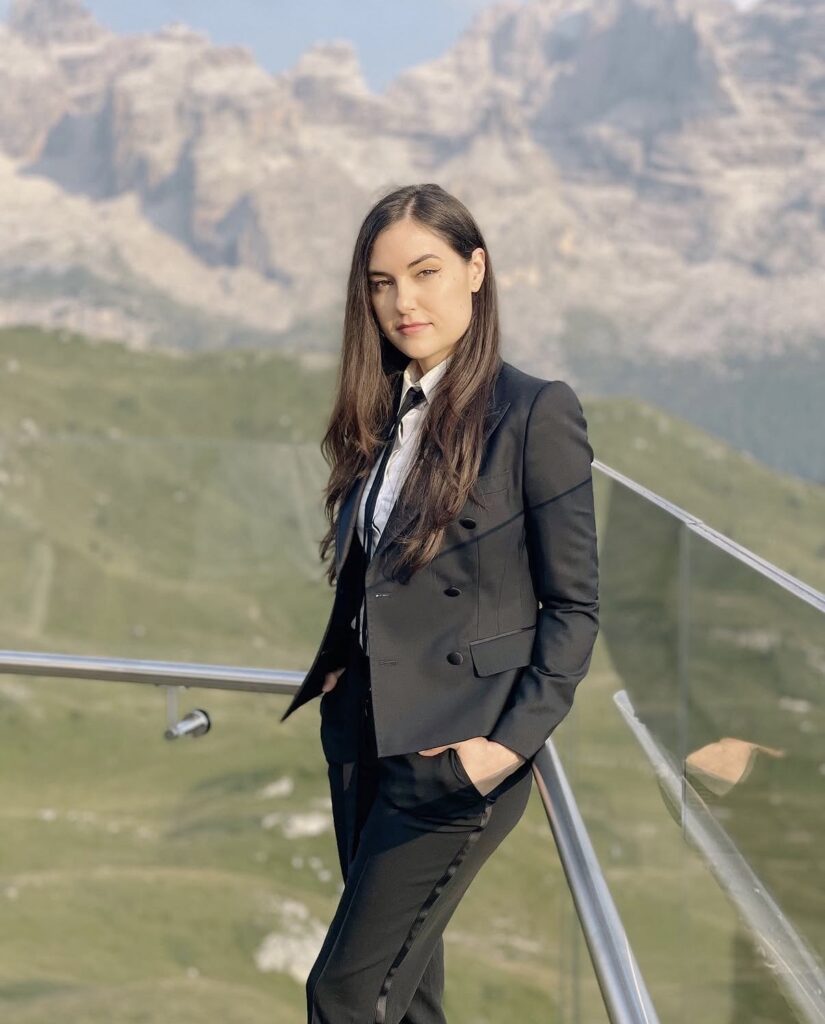 Sasha Grey luxury outdoor fashion portrait with elegant black blazer styling