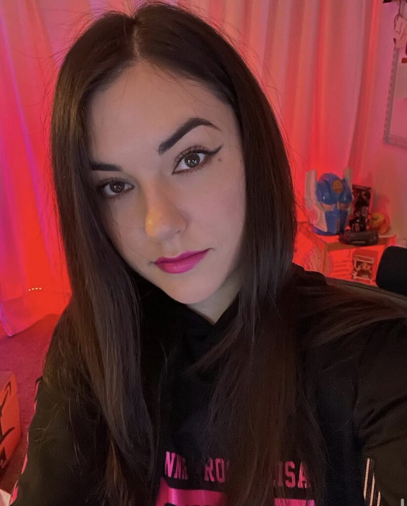 Sasha Grey neon lighting beauty portrait with premium influencer aesthetic