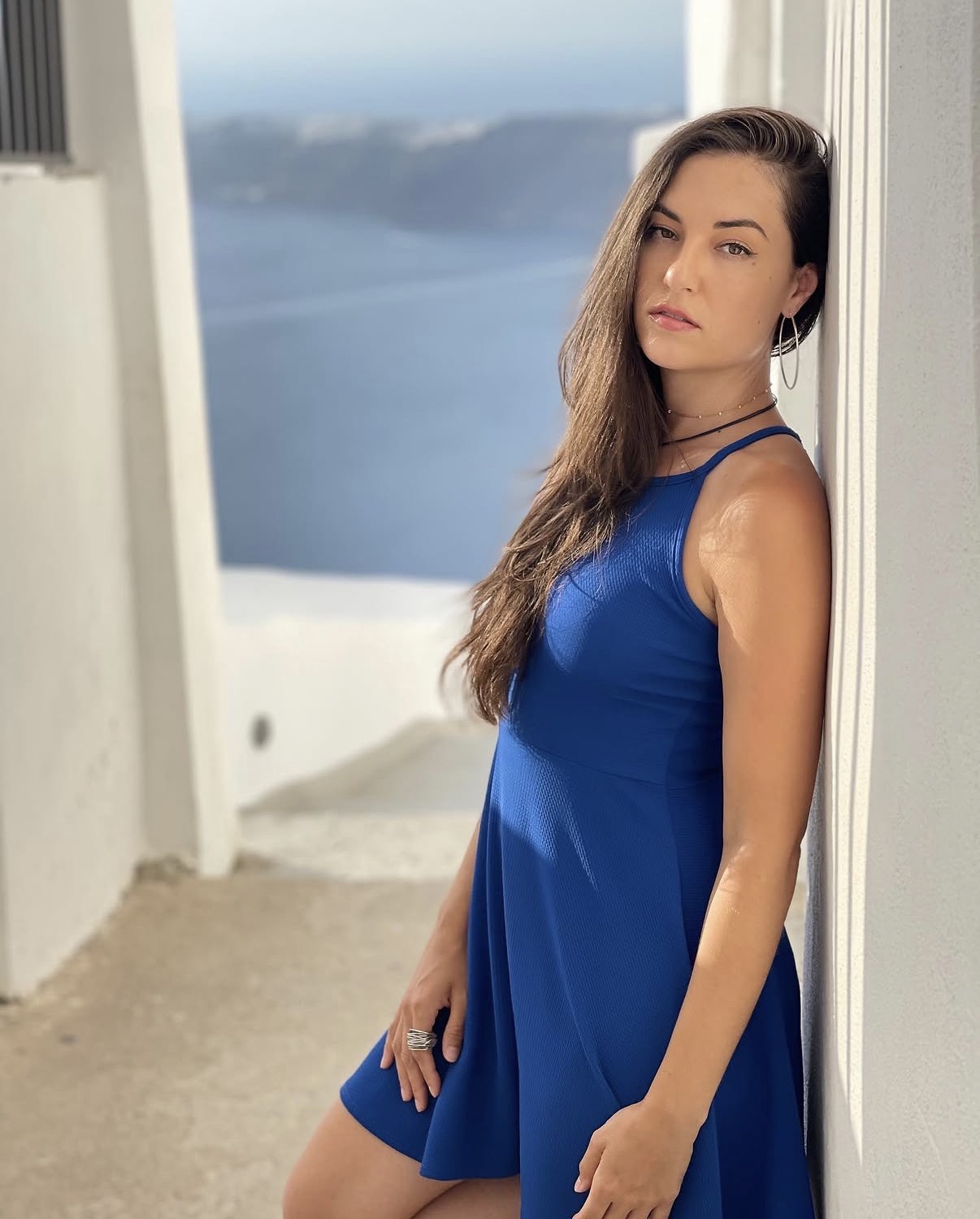 Sasha Grey elegant blue dress glamour portrait with luxury lifestyle aesthetic